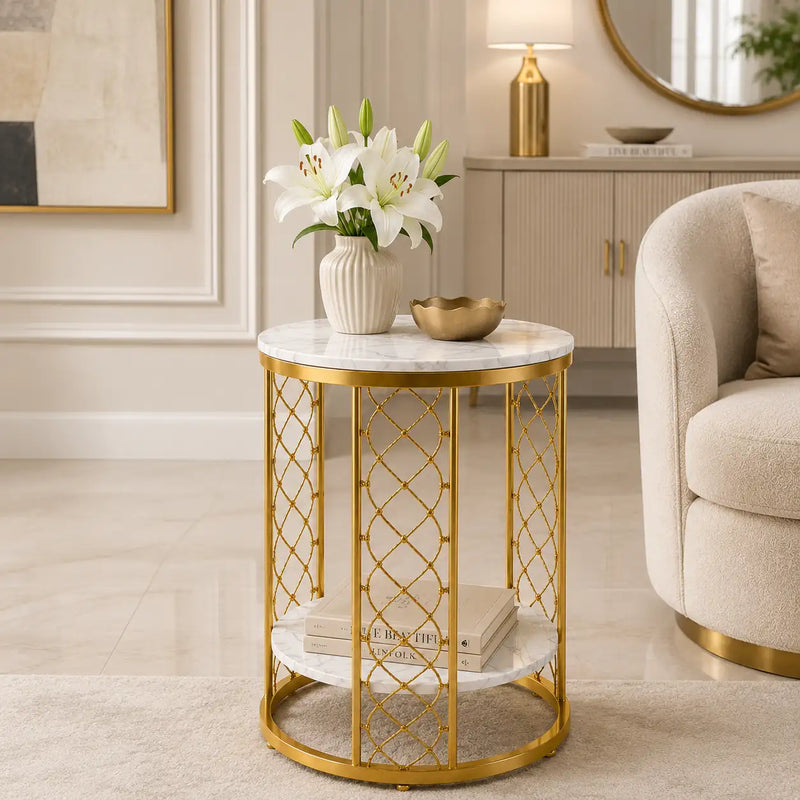 Luxury Gold Marble End Table with Storage Shelf
