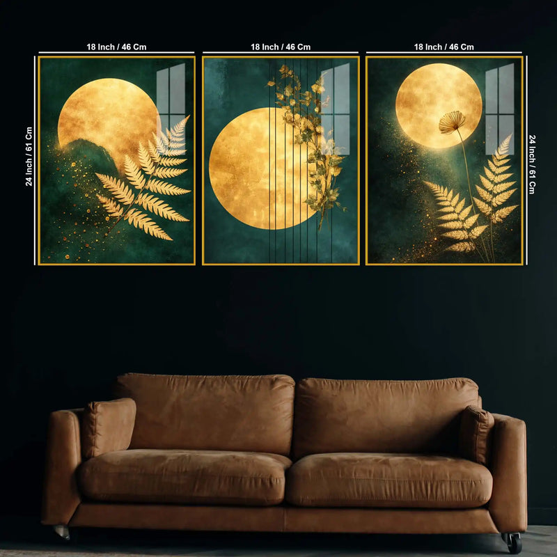 Luxury Gold Moon Acrylic Floating Frame Wall Painting Set of 3