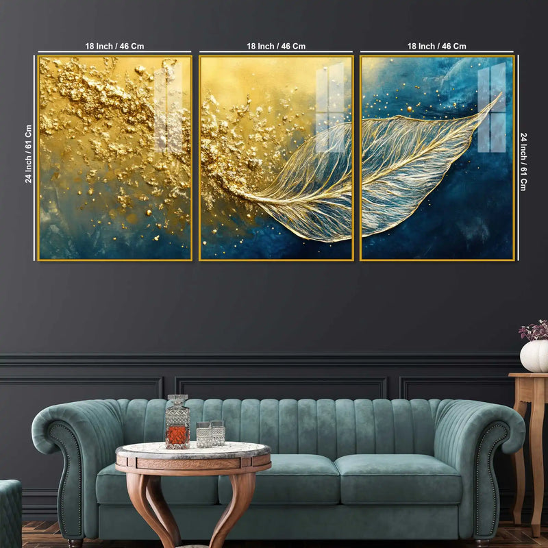 Luxury Gold Texture Leaf Acrylic Floating Frame Wall Painting Set of 3