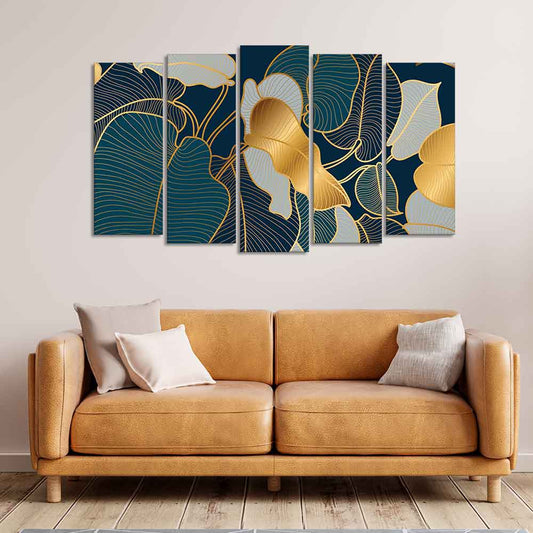 Luxury Golden Art Monstera Leaves Five Pieces Canvas wall Painting