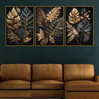 Luxury Golden Botanical Leaves Floating Frame Crystal Wall Painting Set of 3