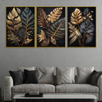 Luxury Golden Botanical Leaves Floating Frame Crystal Wall Painting Set of 3
