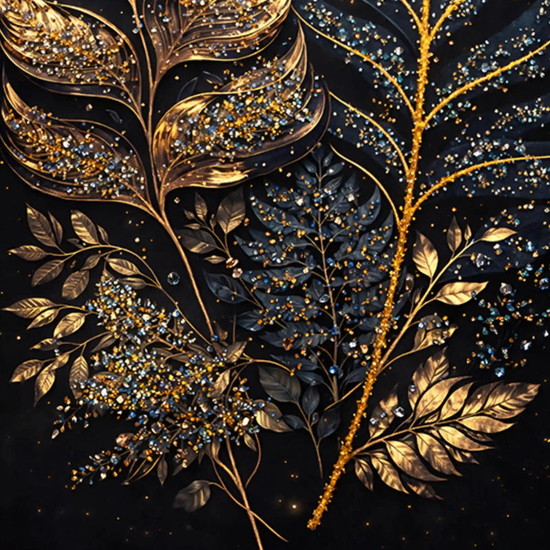 Luxury Golden Botanical Leaves Floating Frame Crystal Wall Painting Set of 3