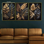 Luxury Golden Botanical Leaves Floating Frame Crystal Wall Painting Set of 3