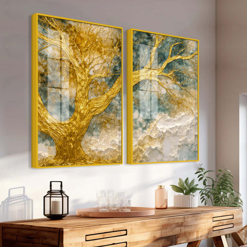 Luxury Golden Branch Tree Abstract Acrylic Floating Wall Painting Set of 2