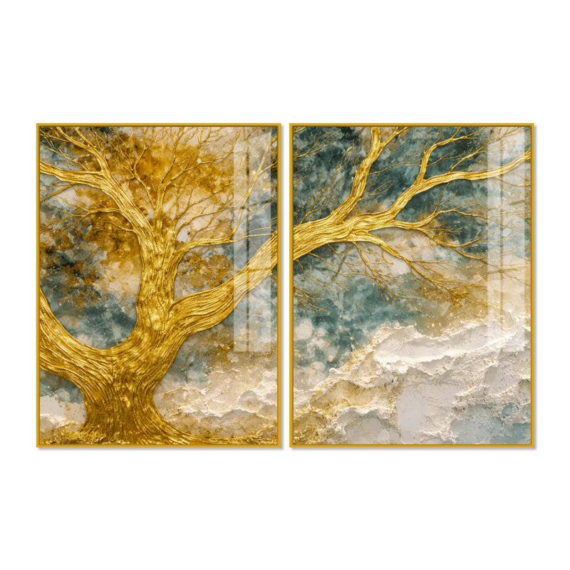 Luxury Golden Branch Tree Abstract Acrylic Floating Wall Painting Set of 2