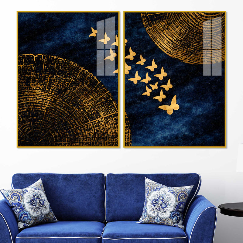Luxury Golden Butterfly Elegance Acrylic Floating Wall Painting Set of 2