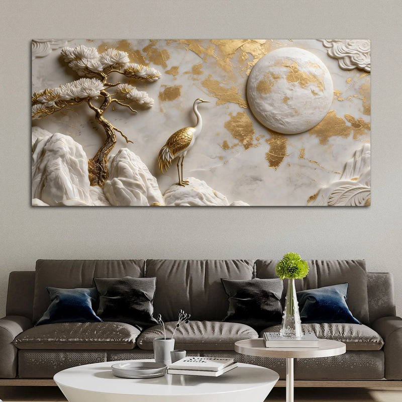 Luxury Golden Crane Zen Landscape 3D Canvas Wall Painting