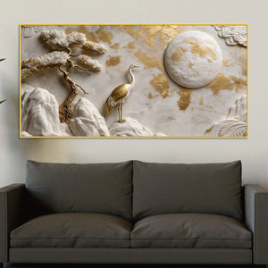 Luxury Golden Crane Zen Landscape 3D Canvas Wall Painting