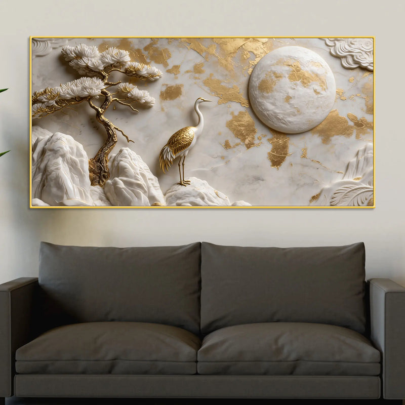 Luxury Golden Crane Zen Landscape 3D Canvas Wall Painting