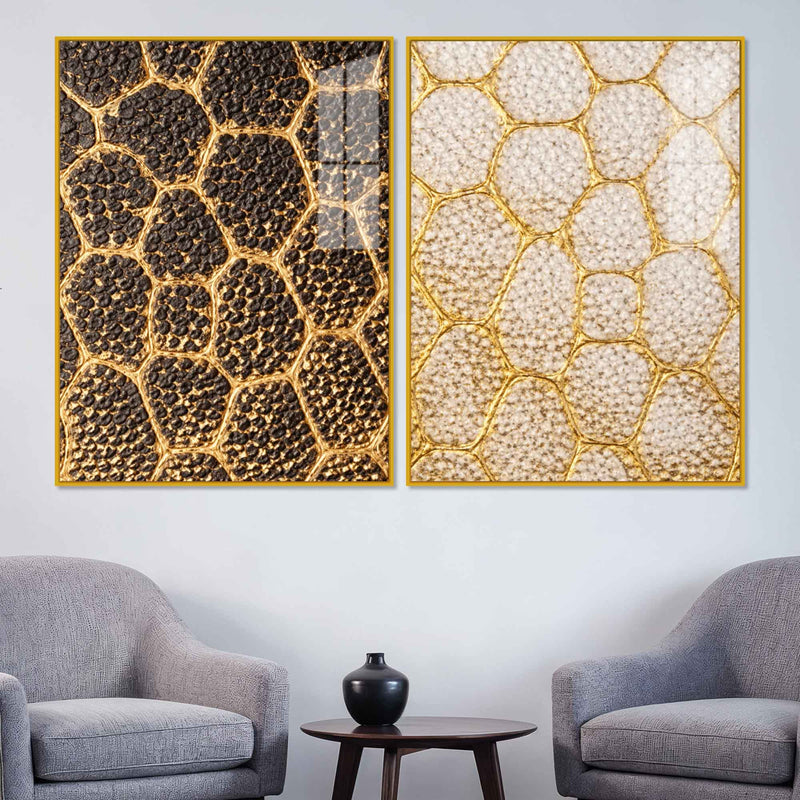 Luxury Golden Honeycomb Abstract Pattern Acrylic Floating Wall Painting Set of 2