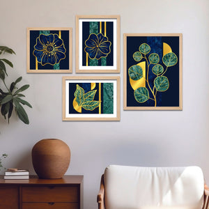 Luxury Golden Leaf Pattern Art Wall Frame Set of Four