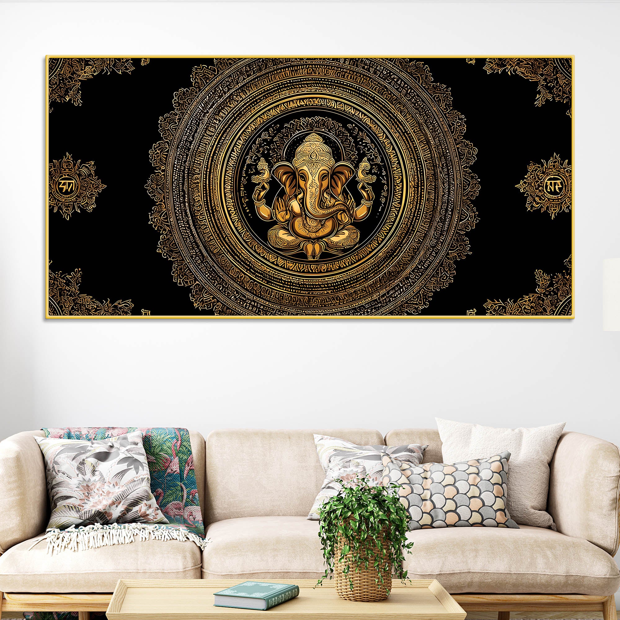 Luxury Golden Lord Ganesha Mandala Art Canvas Wall Painting for Home & Office Decor – Modern Devotional Wall Decor