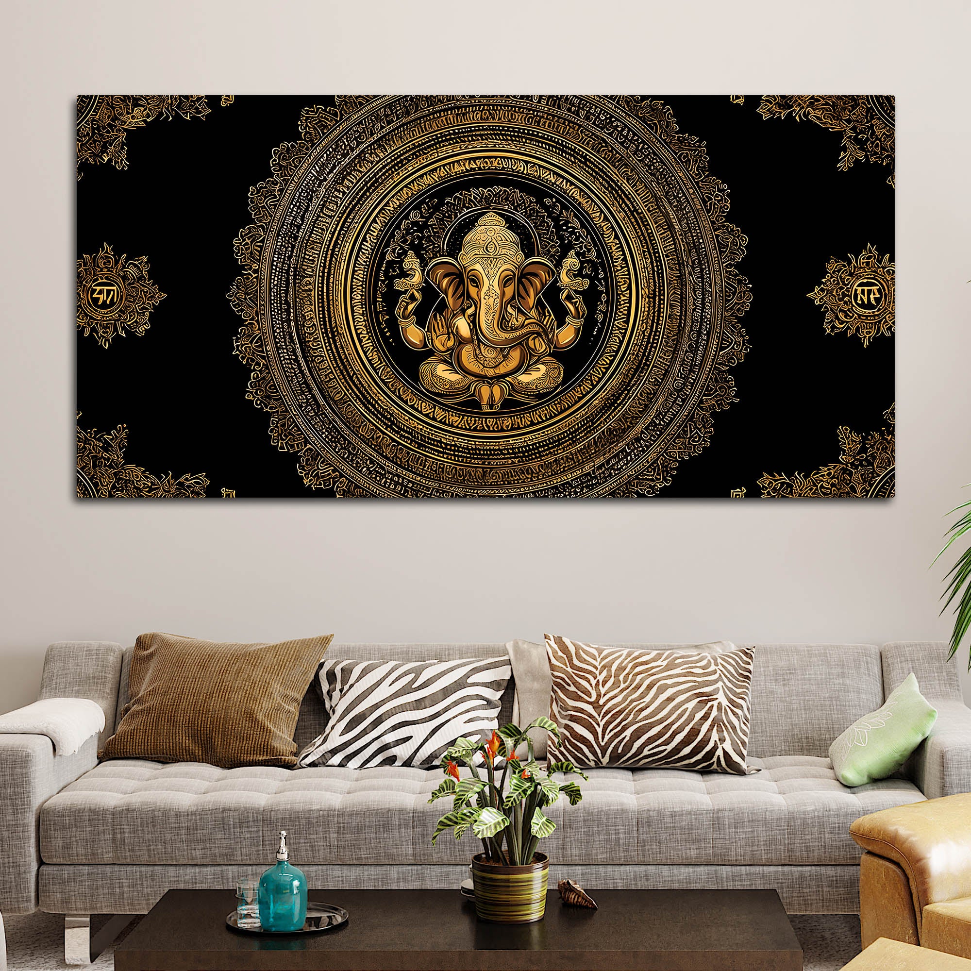 Luxury Golden Lord Ganesha Mandala Art Canvas Wall Painting for Home & Office Decor – Modern Devotional Wall Decor