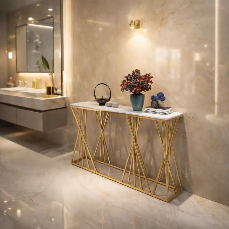 Luxury Golden Metal Finish Console Table with Criss-Cross Base