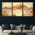 Luxury Golden Mountain & Waterfall Landscape Floating Frame Crystal Wall Painting Set of 3