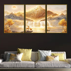 Luxury Golden Mountain & Waterfall Landscape Floating Frame Crystal Wall Painting Set of 3