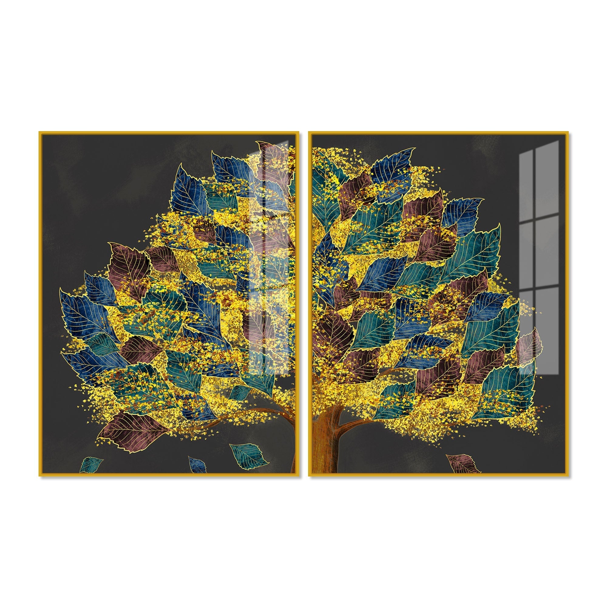 Luxury Golden Shiny Tufted Leaves Tree Acrylic Floating Wall Painting Set Of 2