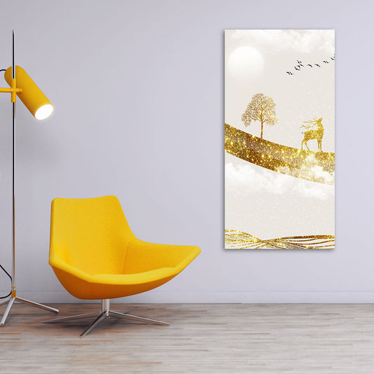 Luxury Golden Tree with Deer and Flying Birds Premium Canvas Wall Painting