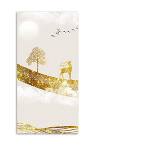 Luxury Golden Tree with Deer and Flying Birds Premium Canvas Wall Painting