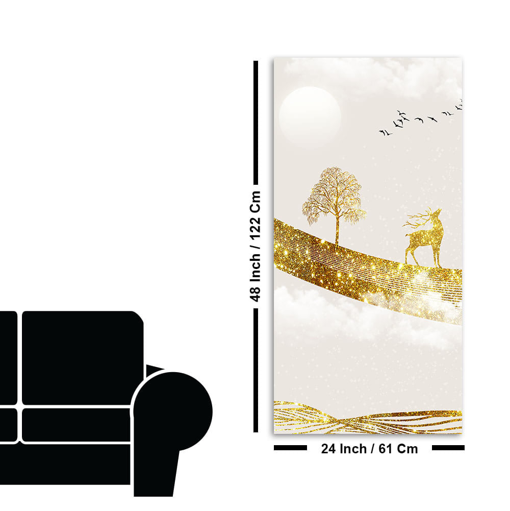 Luxury Golden Tree with Deer and Flying Birds Premium Canvas Wall Painting