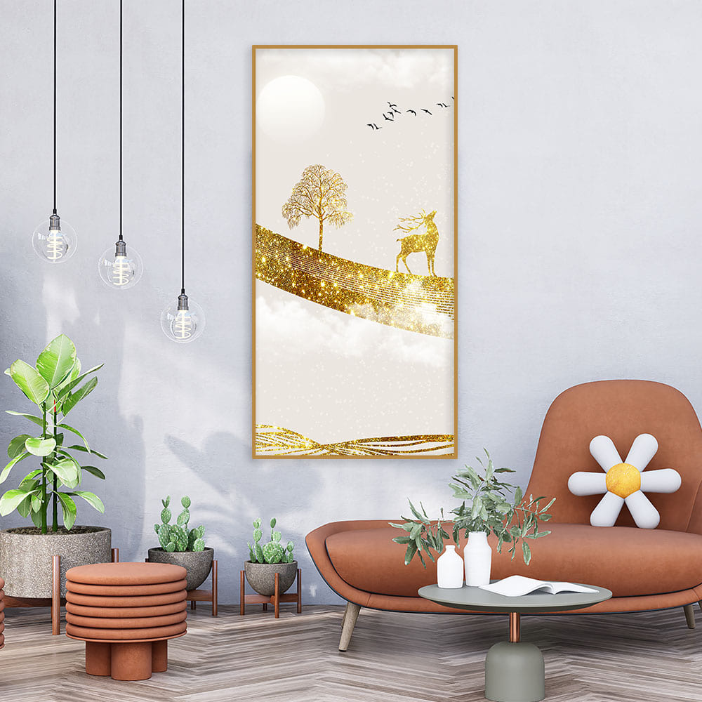 Luxury Golden Tree with Deer and Flying Birds Premium Canvas Wall Painting