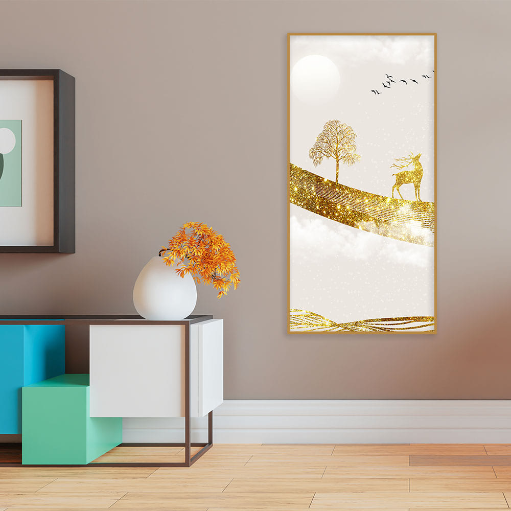 Luxury Golden Tree with Deer and Flying Birds Premium Canvas Wall Painting