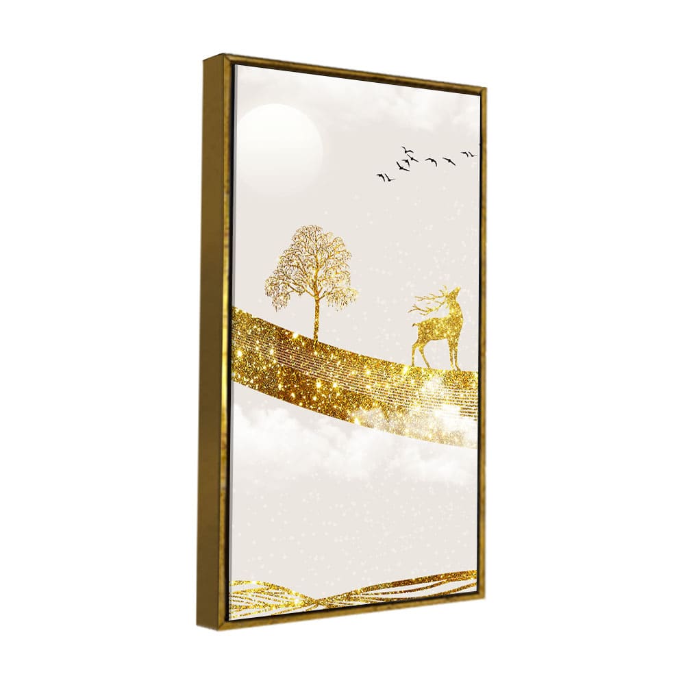 Luxury Golden Tree with Deer and Flying Birds Premium Canvas Wall Painting