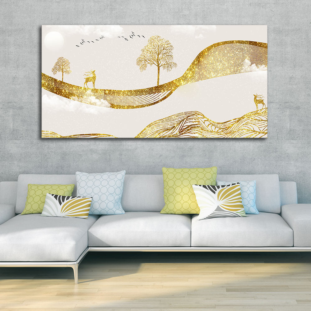 Luxury Golden Tree with Deer Premium Canvas Wall Painting