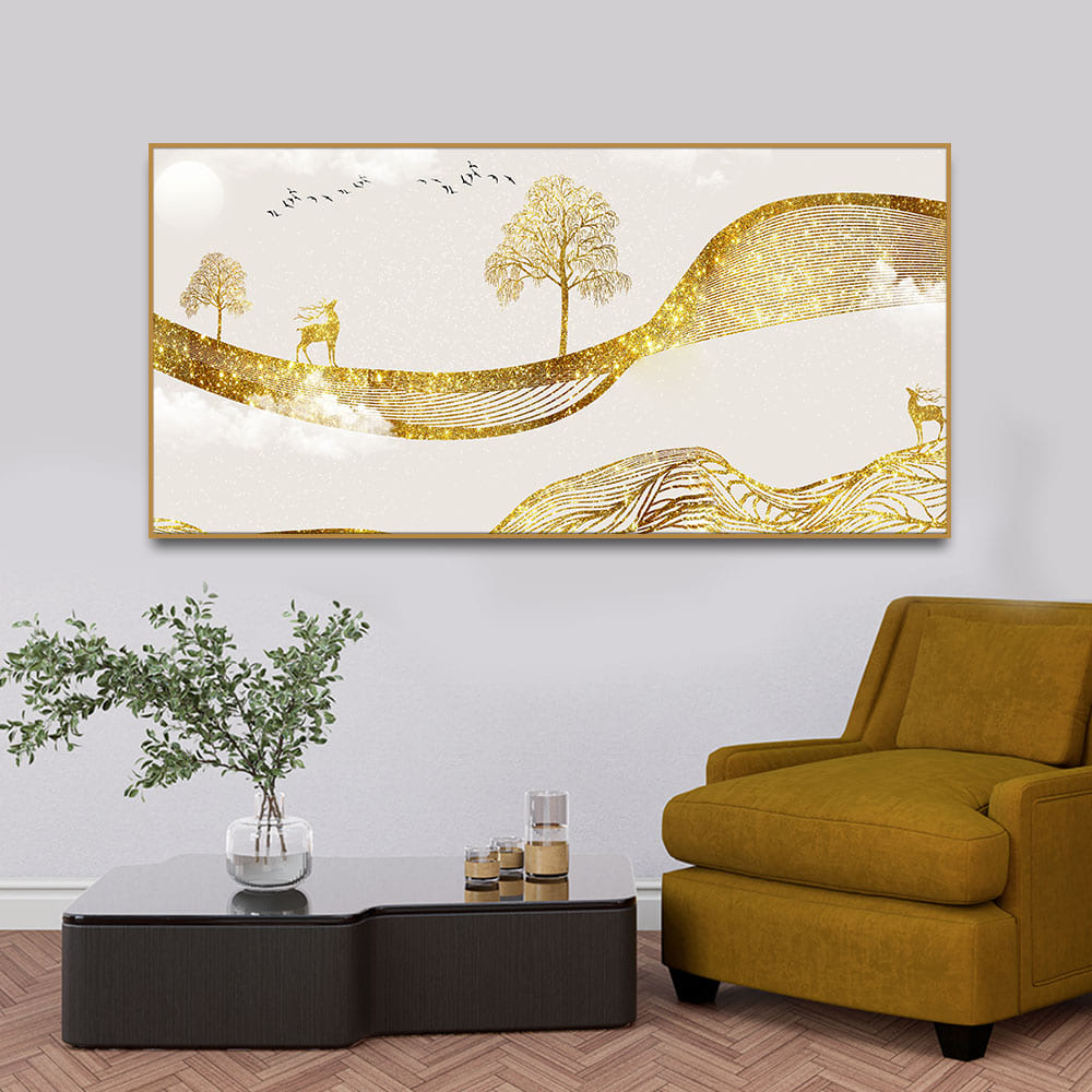 Luxury Golden Tree with Deer Premium Canvas Wall Painting