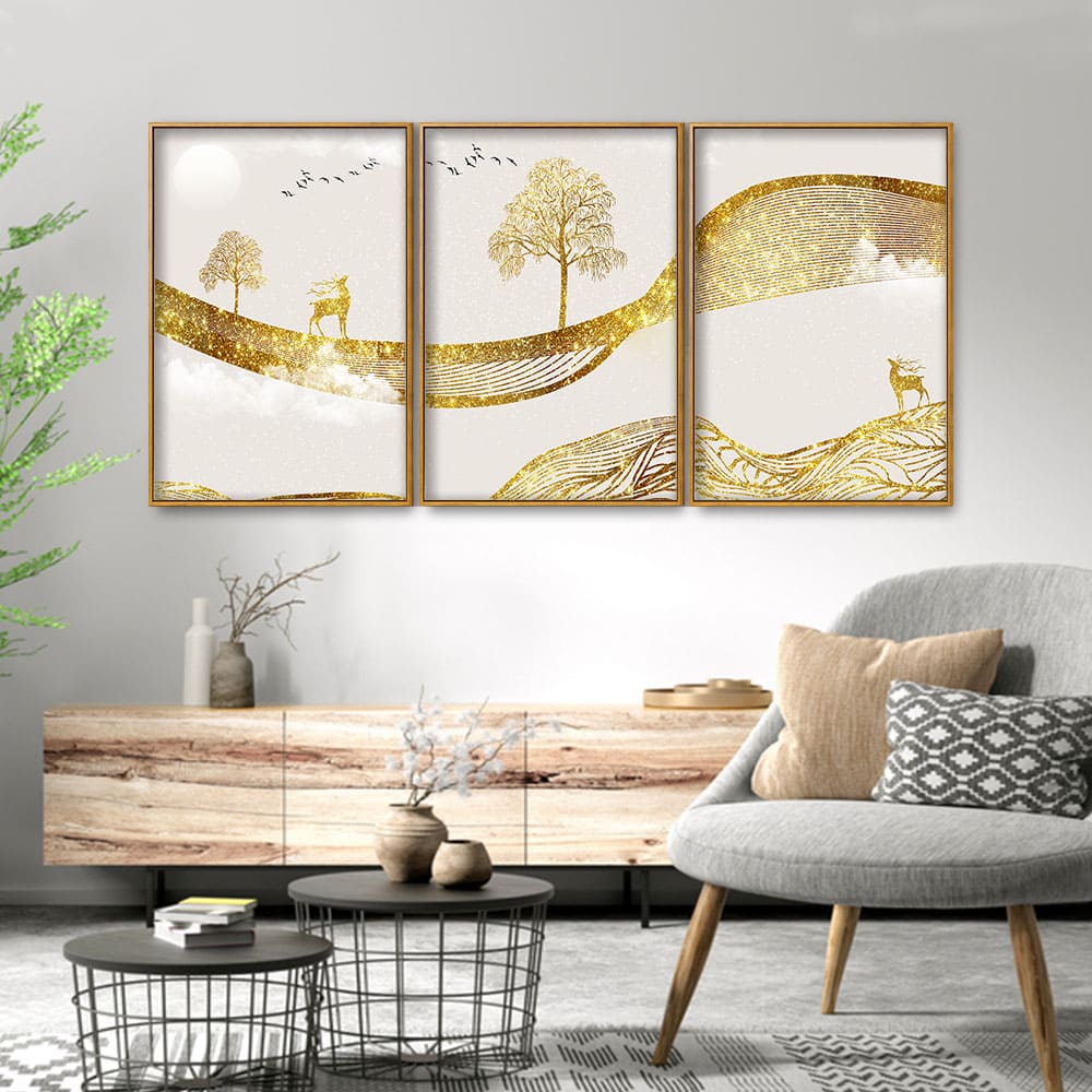 Luxury Golden Tree with Deer Premium Floating Canvas Wall Painting Set of Three