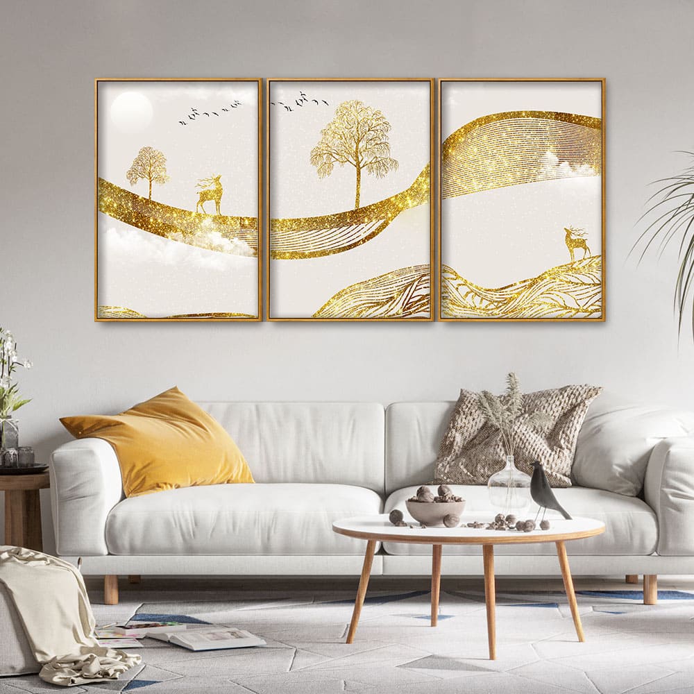 Luxury Golden Tree with Deer Premium Floating Canvas Wall Painting Set of Three