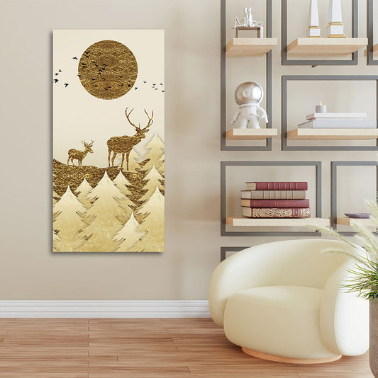 Luxury Golden Tree with Two Deer Premium Canvas Wall Painting