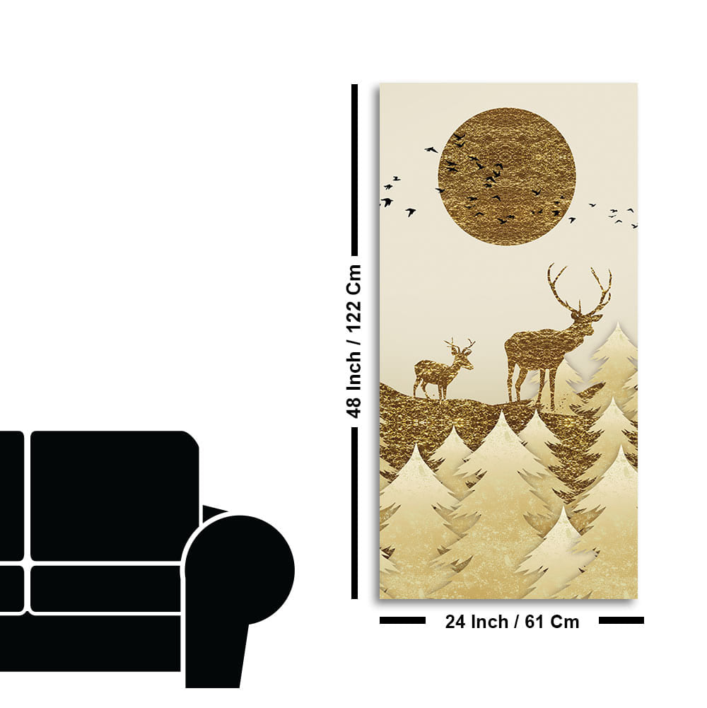 Luxury Golden Tree with Two Deer Premium Canvas Wall Painting