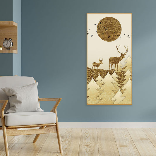 Luxury Golden Tree with Two Deer Premium Canvas Wall Painting