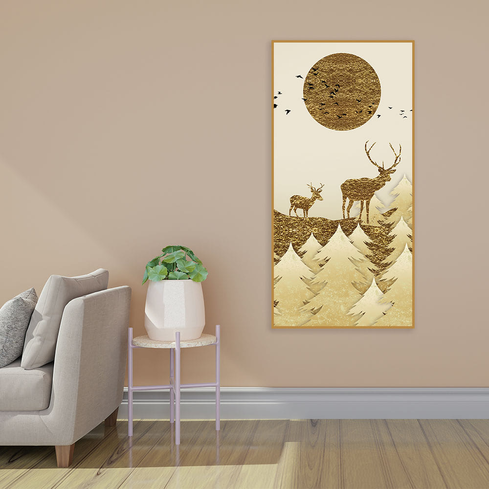 Luxury Golden Tree with Two Deer Premium Canvas Wall Painting