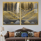 Luxury Golden Wave and Flying Birds Acrylic Floating Wall Painting Set of 2
