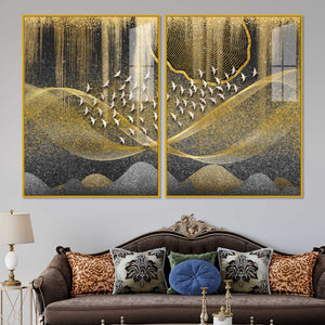 Luxury Golden Wave and Flying Birds Acrylic Floating Wall Painting Set of 2