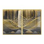 Luxury Golden Wave and Flying Birds Acrylic Floating Wall Painting Set of 2