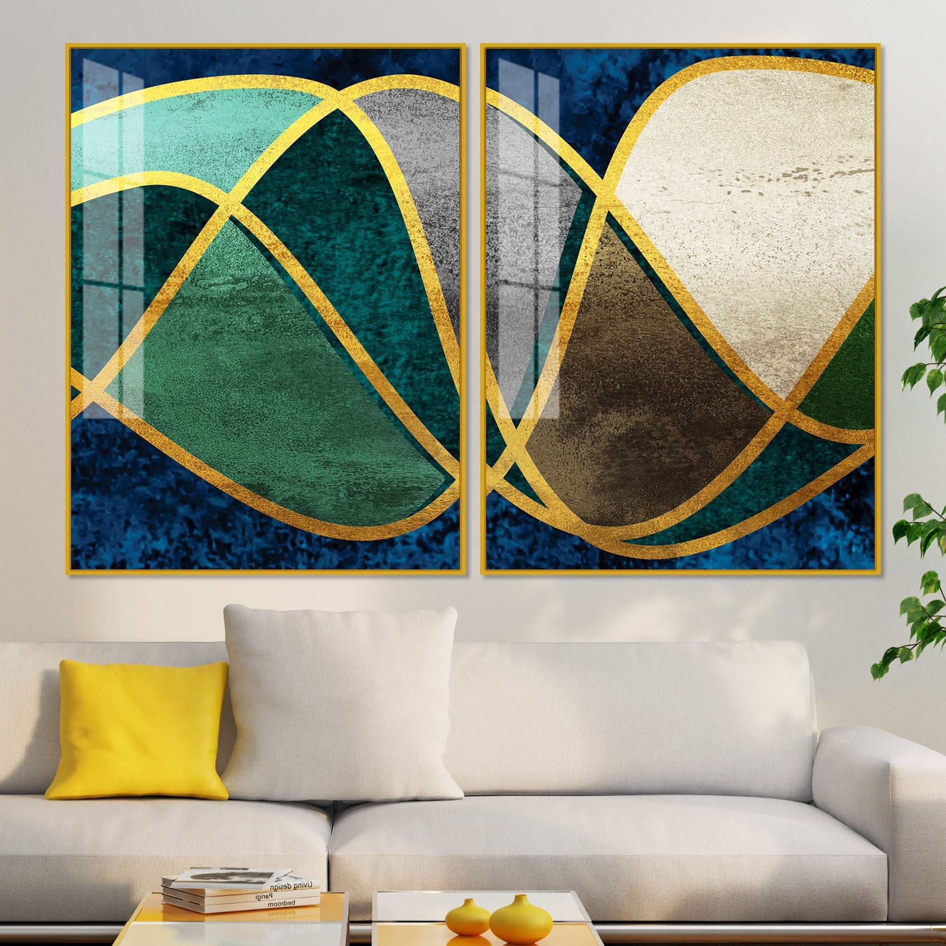 Luxury Golden Waves Line Art Premium Acrylic Floating Wall Painting Set Of 2