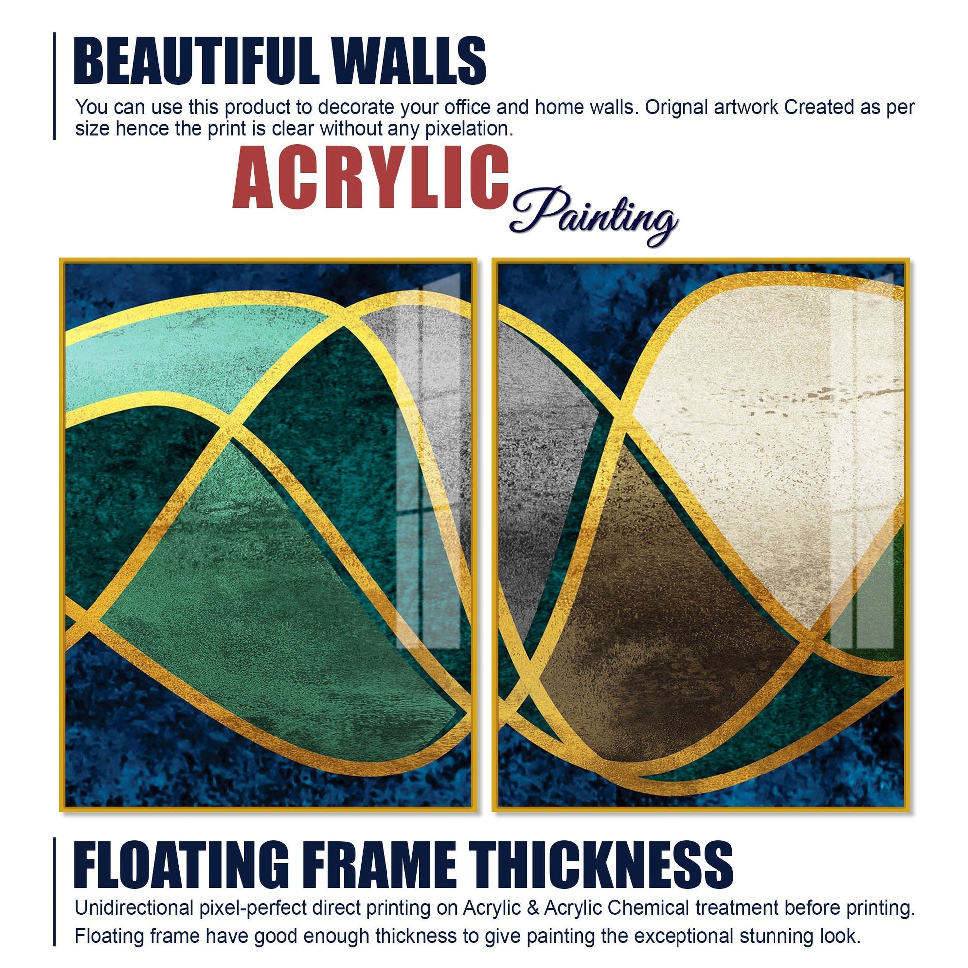 Luxury Golden Waves Line Art Premium Acrylic Floating Wall Painting Set Of 2