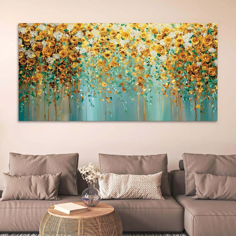 Luxury Golden & White Rose Floral Abstract Wall Painting for Home Decor