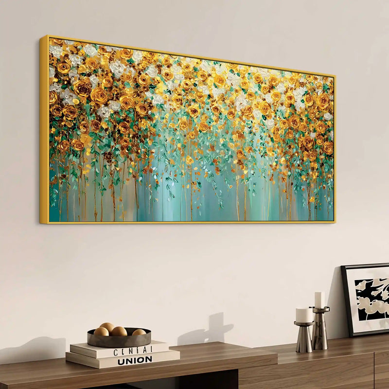 Luxury Golden & White Rose Floral Abstract Wall Painting for Home Decor