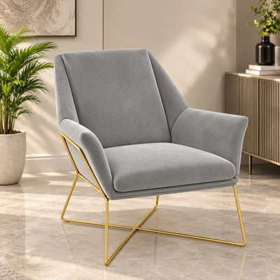 Luxury Grey Upholstered Lounge Chair with Padded Arms & Golden Metal Frame
