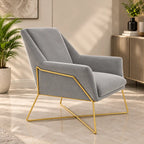 Luxury Grey Upholstered Lounge Chair with Padded Arms & Golden Metal Frame