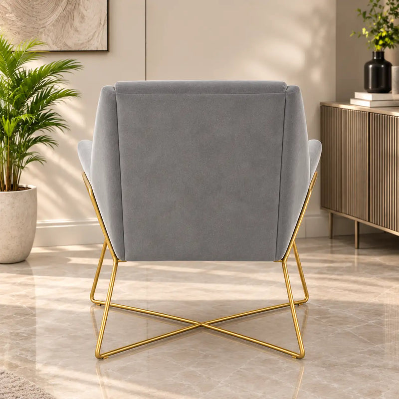 Luxury Grey Upholstered Lounge Chair with Padded Arms & Golden Metal Frame