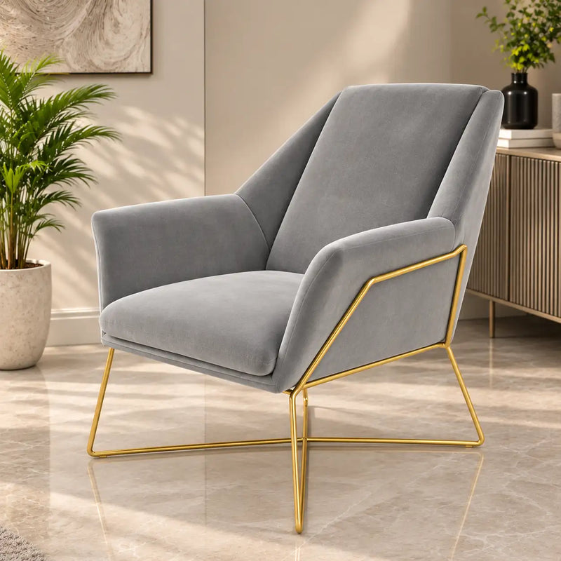 Luxury Grey Upholstered Lounge Chair with Padded Arms & Golden Metal Frame