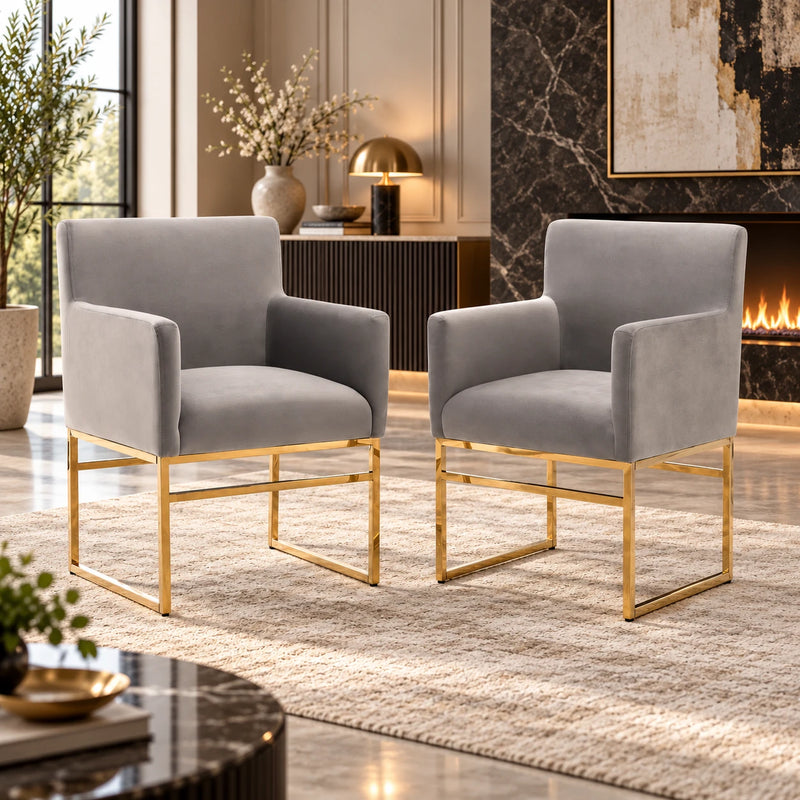 Luxury Grey Velvet Accent Armchair with Padded Arms & Golden Metal Frame