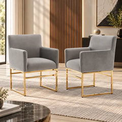 Luxury Grey Velvet Accent Armchair with Padded Arms & Golden Metal Frame