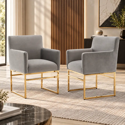 Luxury Grey Velvet Accent Armchair with Padded Arms & Golden Metal Frame